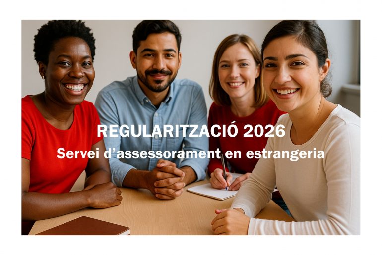 Imatge informativa d’AMIC-UGT de Catalunya sobre l’assessorament en la futura regularització. Acompanya una nota que inclou un títol, dades de contacte per WhatsApp i un missatge d’advertència per evitar pagaments abusius.